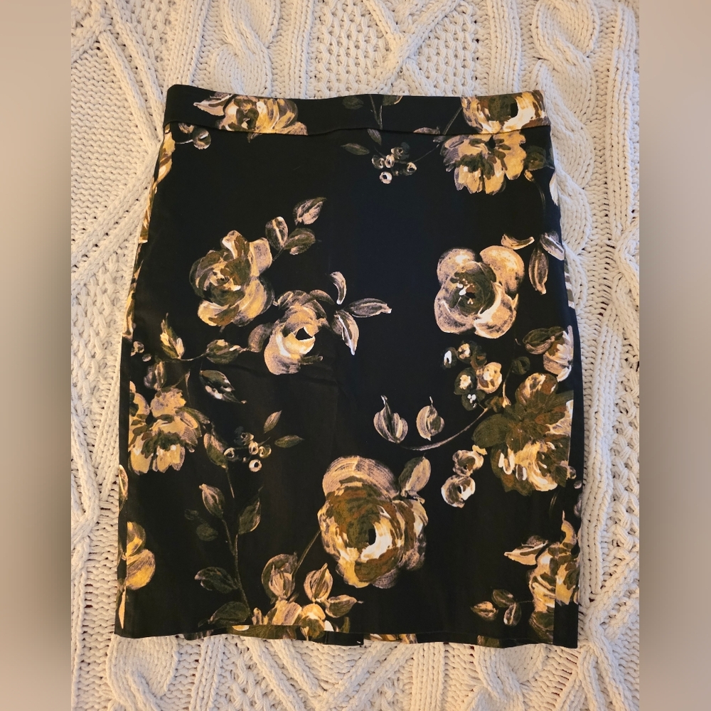 J. Crew Black Pencil Skirt with Yellow and Olive Floral Print